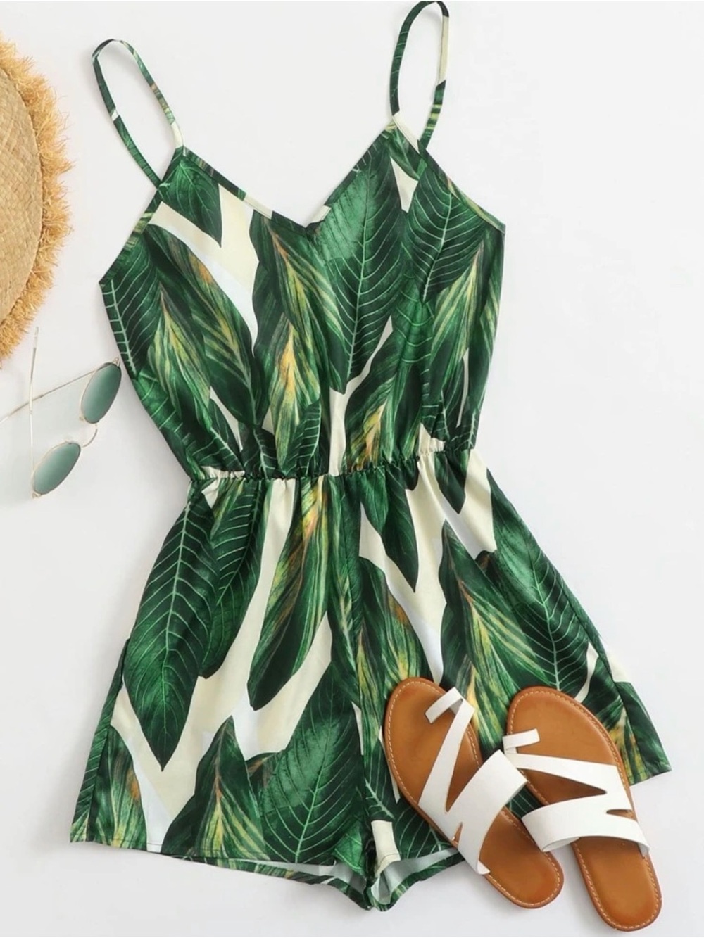 SHEIN Green Tropical Leaf Spaghetti Strap Romper - Picture 2 of 3